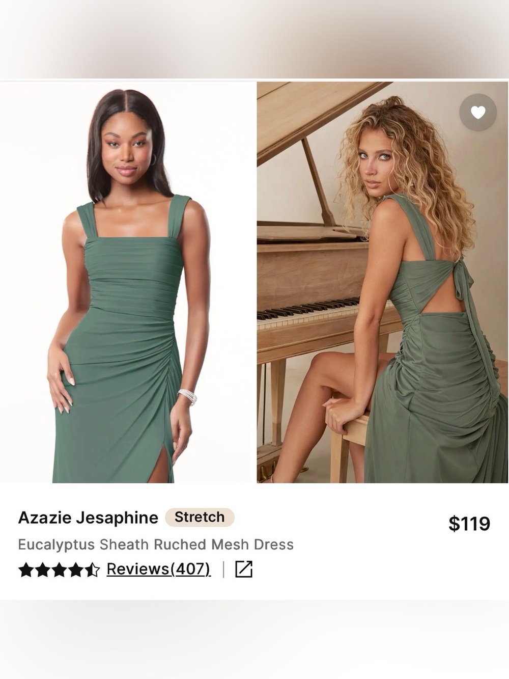 Azazie Eucalyptus Green Ruched Sheath Mesh Dress